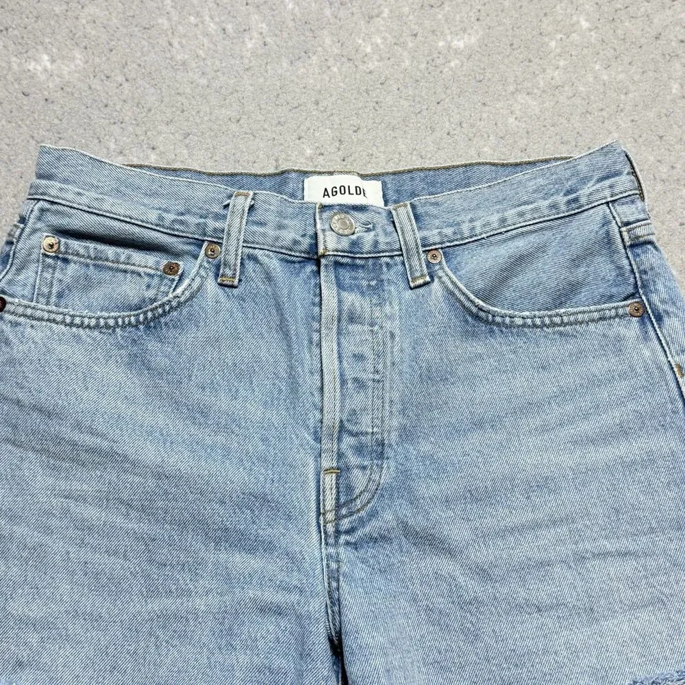 AGOLDE Parker Long High Rise Distressed Cut Off Denim Shorts Blue Women’s 27